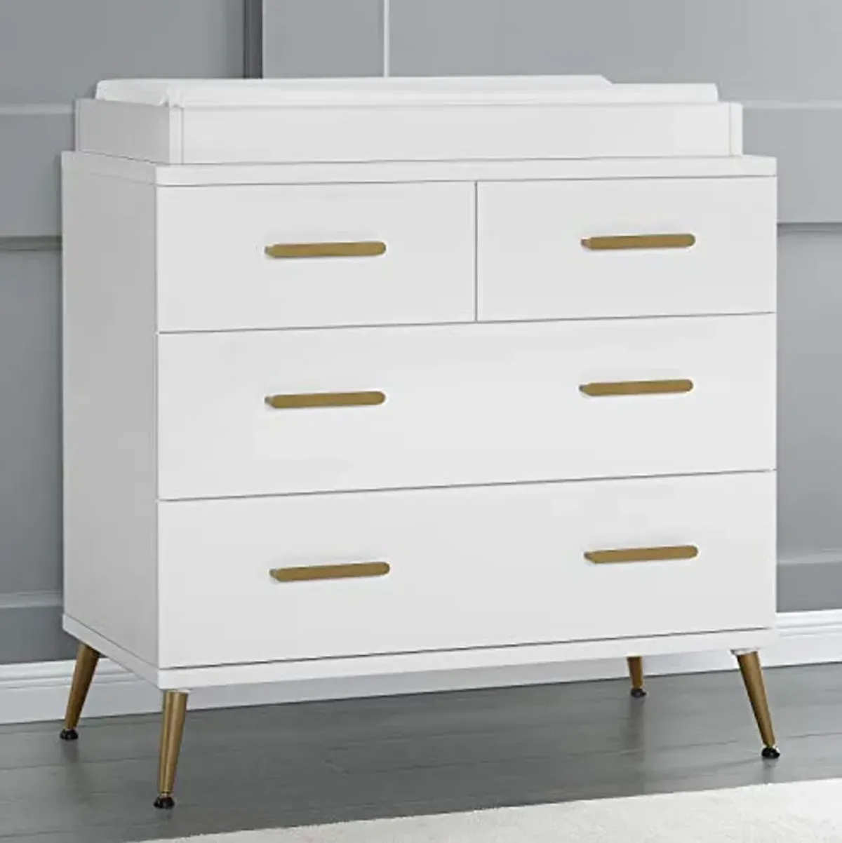 Delta Children Sloane 4 Drawer Dresser with Changing Top, Bianca White w/Melted Bronze