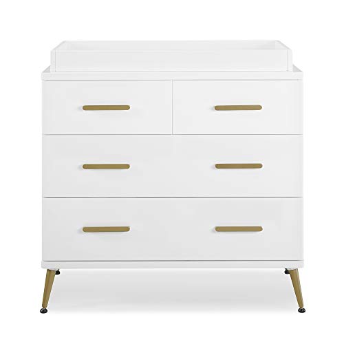 Delta Children Sloane 4 Drawer Dresser with Changing Top, Greenguard Gold Certified, Bianca White/Melted Bronze