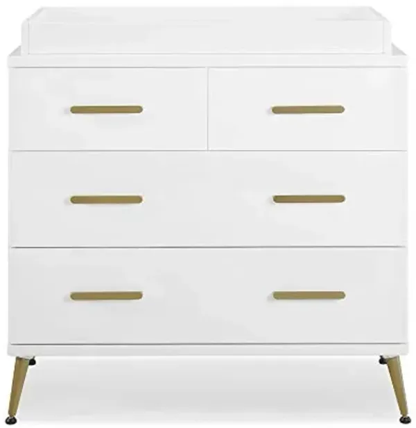 Delta Children Sloane 4 Drawer Dresser with Changing Top, Bianca White w/Melted Bronze