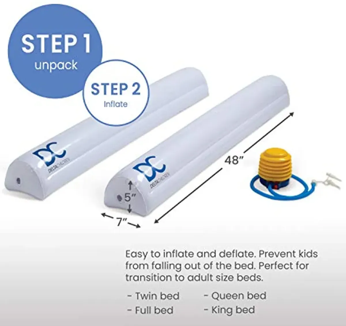 Delta Children Inflatable Bed Rails for Toddlers & Kids with Foot Pump (2 Pack) - Leak-Proof Portable Guardrails Great for Travel or at Home, White