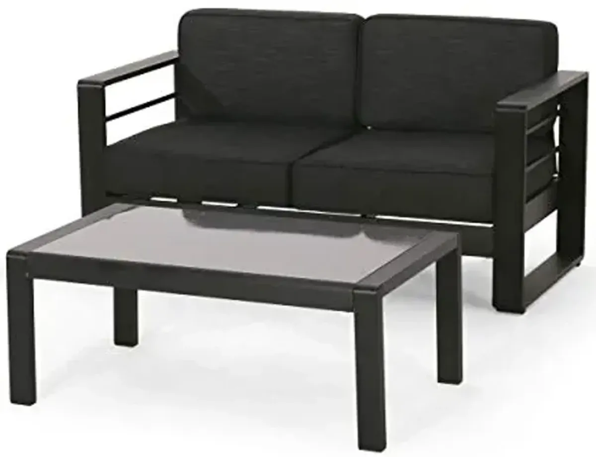 Cheney Bay Outdoor Aluminum Loveseat and Coffee Table Set, Black and Gray