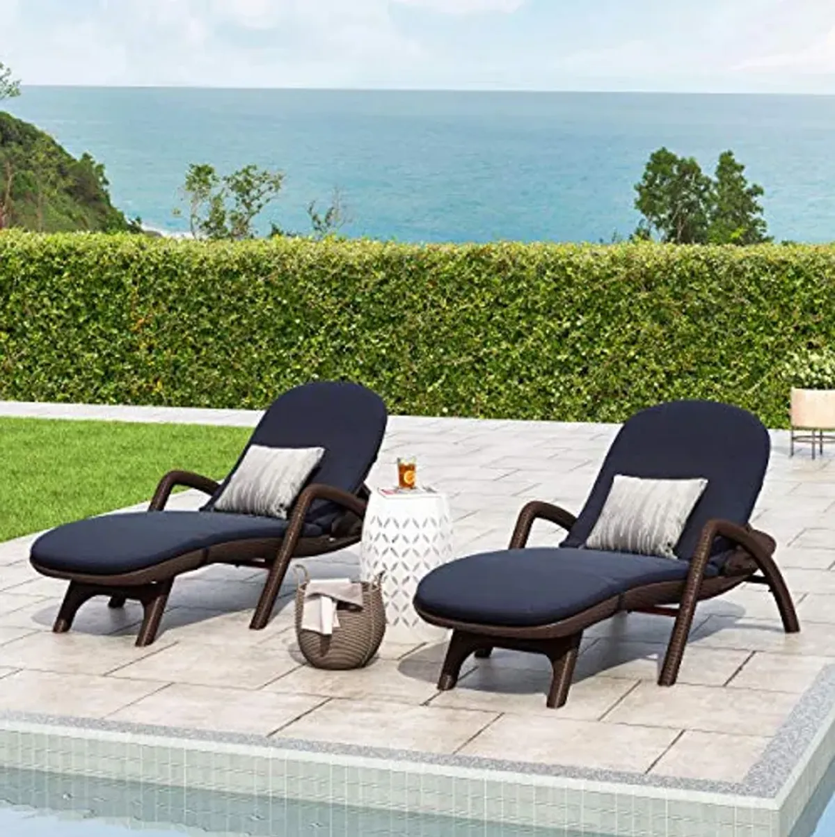 Joseph Outdoor Faux Wicker Chaise Lounges with Cushion (Set of 2), Dark Brown and Navy Blue