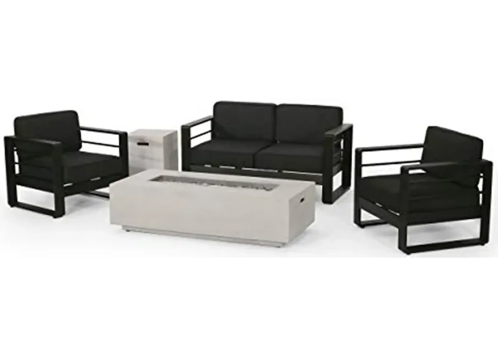 Cheney Bay Outdoor Aluminum 4 Seater Chat Set with Fire Pit, Black, Gray, and Light Gray