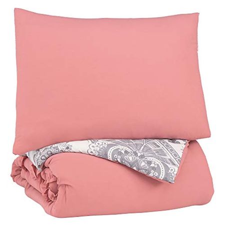 Signature Design by Ashley Avaleigh Contemporary Ruffle Striped & Floral Design Reversible Twin Comforter with One Sham Set, Pink White, Gray