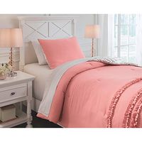 Signature Design by Ashley Avaleigh Contemporary Ruffle Striped & Floral Design Reversible Twin Comforter with One Sham Set, Pink White, Gray