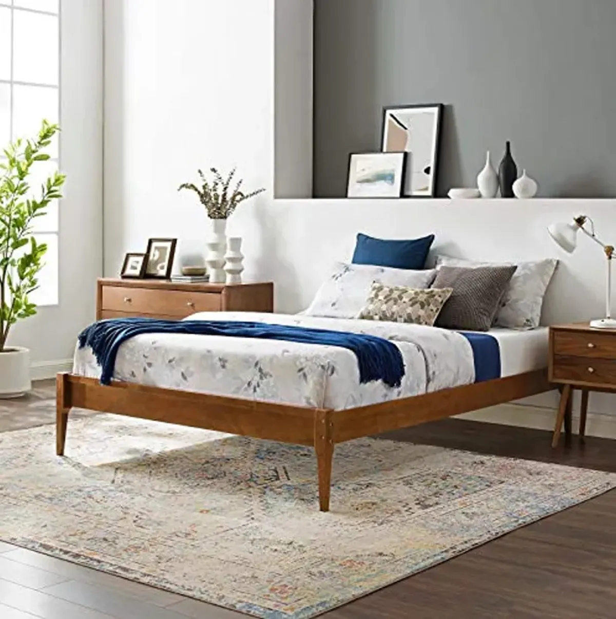 Modway MOD-6245-WAL June Full Wood Platform Bed Frame, Walnut