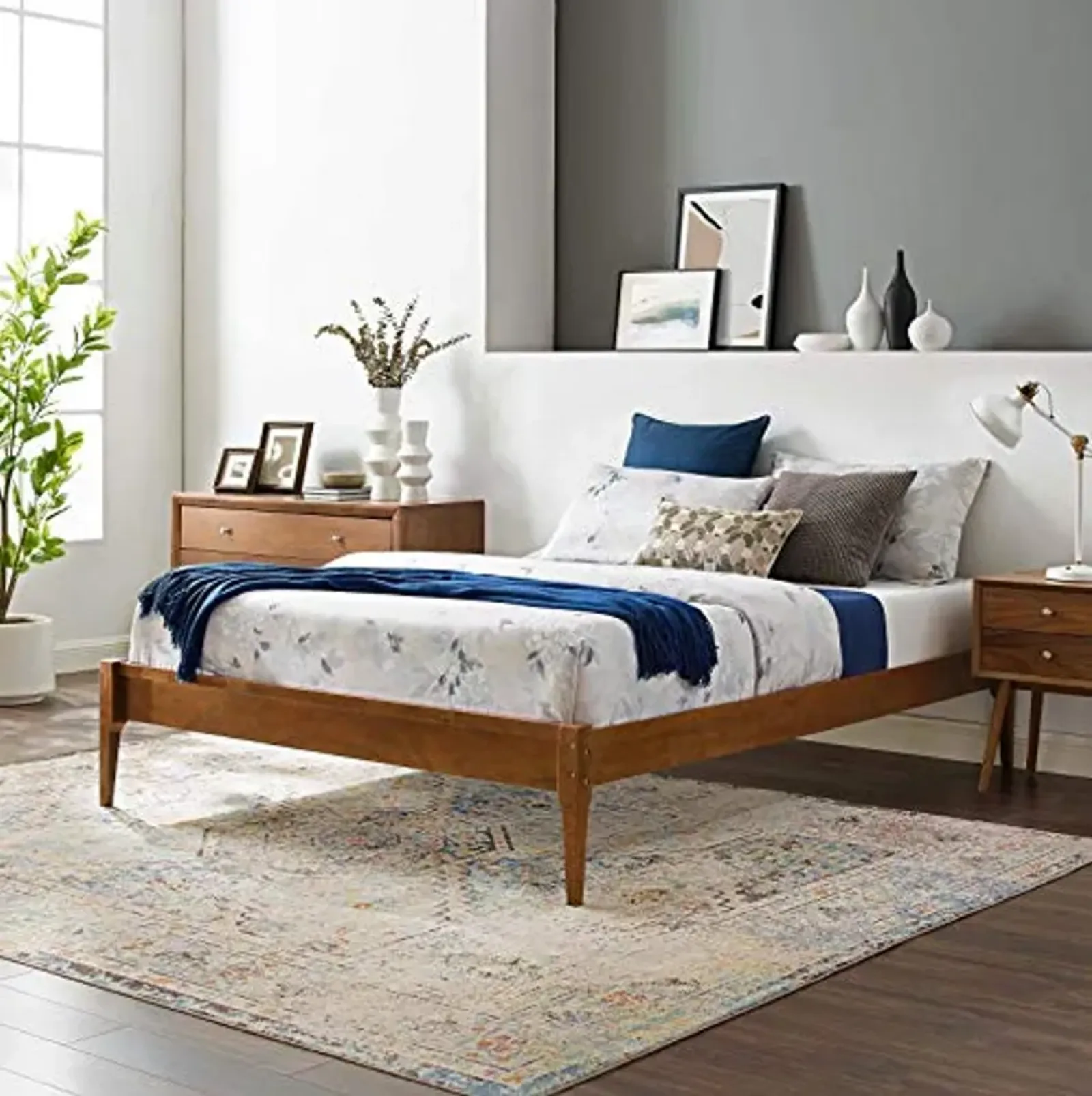 Modway MOD-6245-WAL June Full Wood Platform Bed Frame, Walnut