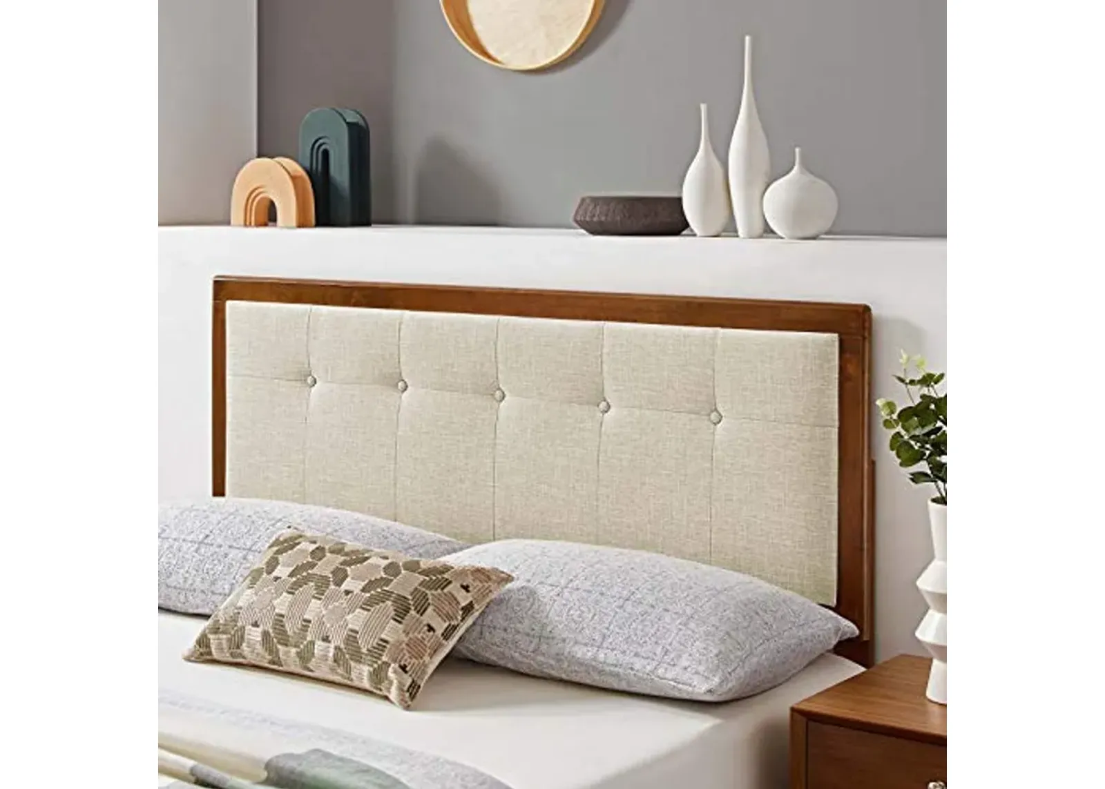 Modway Draper Tufted Full Fabric and Wood Headboard in Walnut Beige