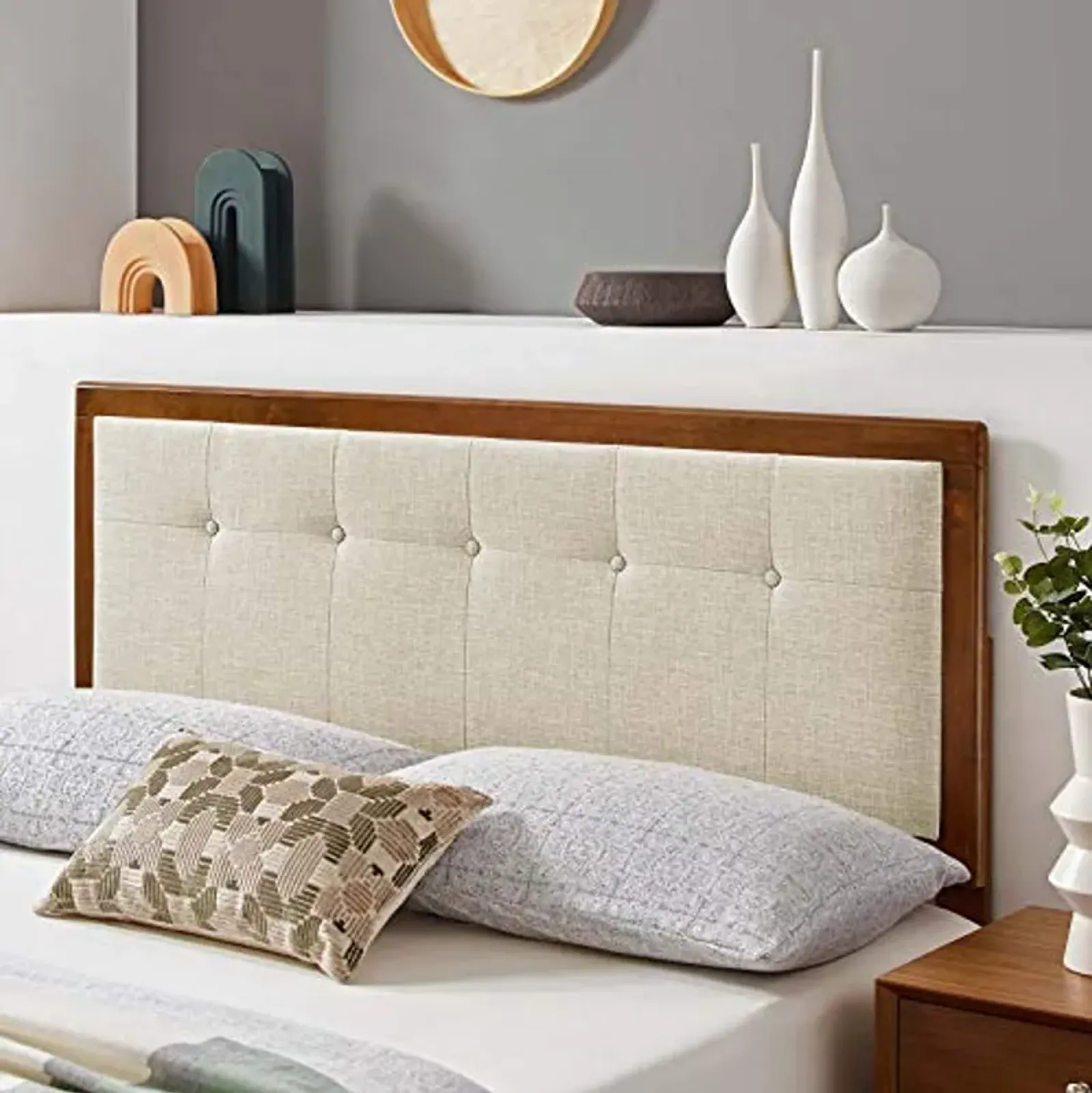 Modway Draper Tufted Full Fabric and Wood Headboard in Walnut Beige