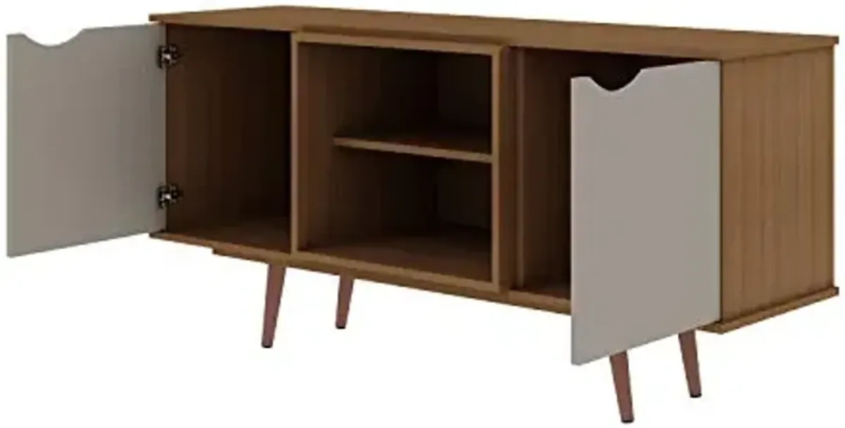 Manhattan Comfort Hampton 53.54 TV Stand with 4 Shelves and Solid Wood Legs in Off White and Maple Cream