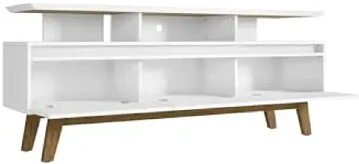 Manhattan Comfort Yonkers 71 Inch Mid Century Modern TV Stand with Storage, 3 Flip Down Door, Hole for Wire Management, Fits Up to 60" Television, Durable & Versatile Console Table, White