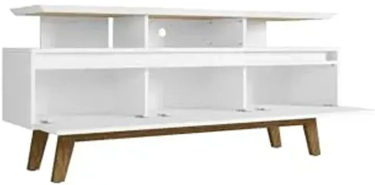 Manhattan Comfort Yonkers 63 Inch Mid Century Modern TV Stand with Storage, 3 Flip Down Door, Hole for Wire Management, Fits Up to 60" Television, Durable & Versatile Console Table, White