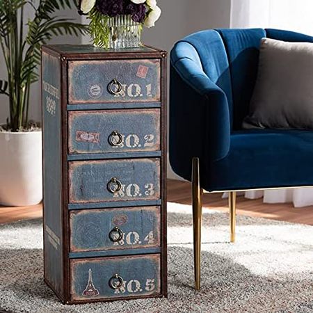 Baxton Studio Alba Vintage Rustic French Inspired Blue Finished Wood 5-Drawer Accent Storage Chest