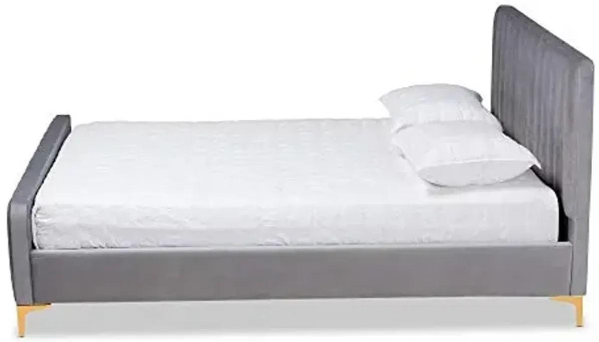 Baxton Studio Nami Modern Contemporary Glam and Luxe Light Grey Velvet Fabric Upholstered and Gold Finished Queen Size Platform Bed