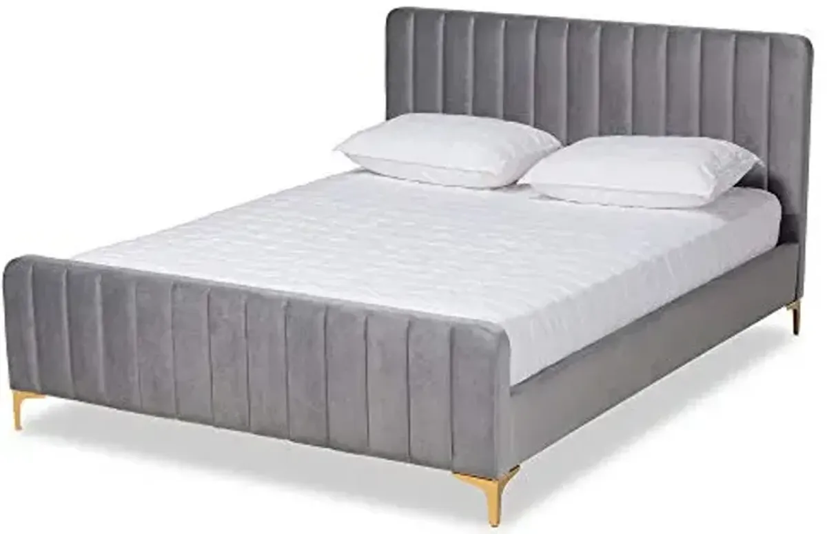 Baxton Studio Nami Modern Contemporary Glam and Luxe Light Grey Velvet Fabric Upholstered and Gold Finished Queen Size Platform Bed