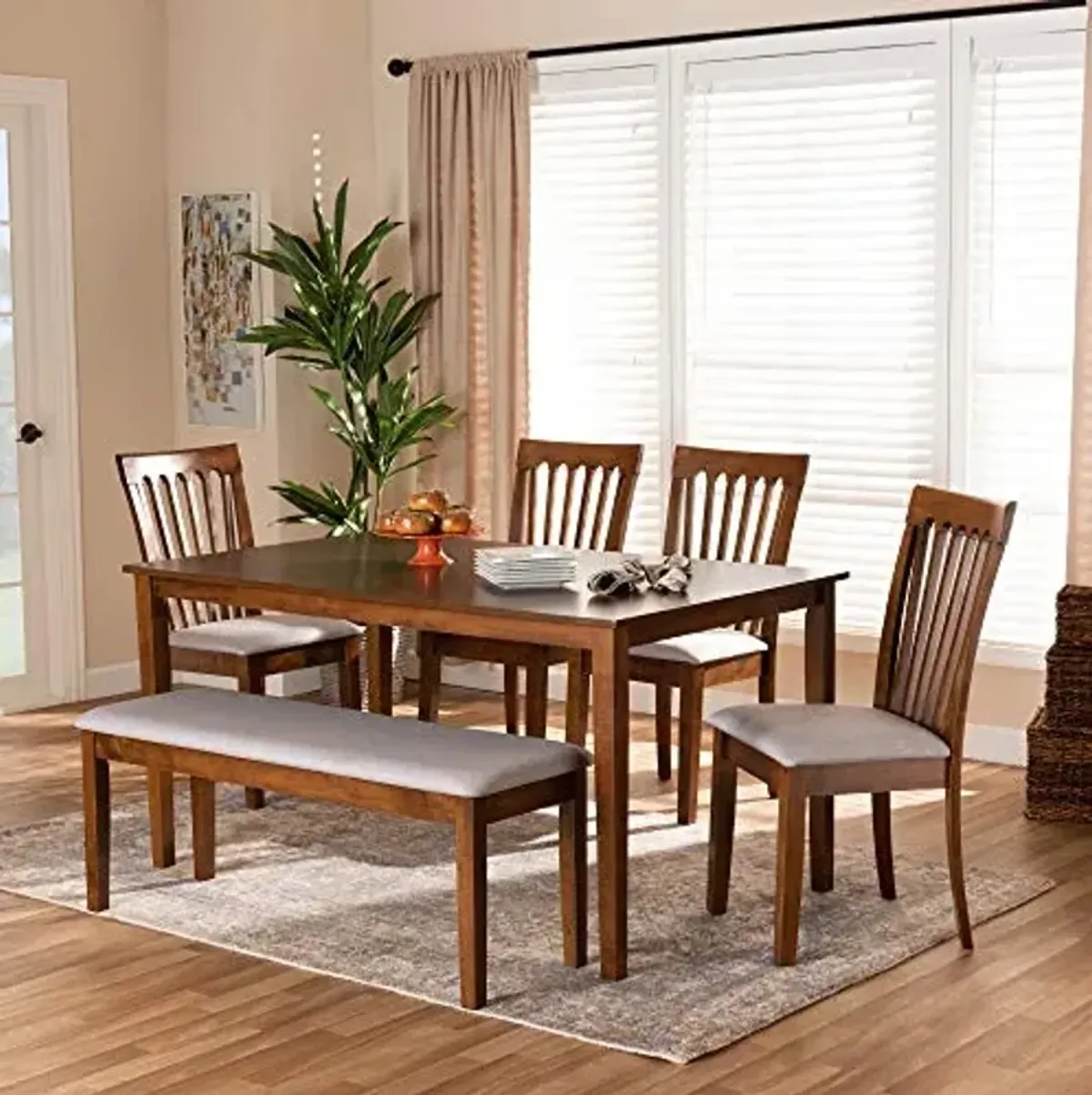 Baxton Studio Minette Dining Set - Grey Fabric Upholstered, Walnut Brown Finished Wood, 6-Piece