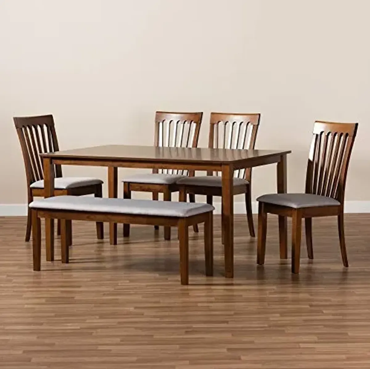 Baxton Studio Minette Dining Set - Grey Fabric Upholstered, Walnut Brown Finished Wood, 6-Piece