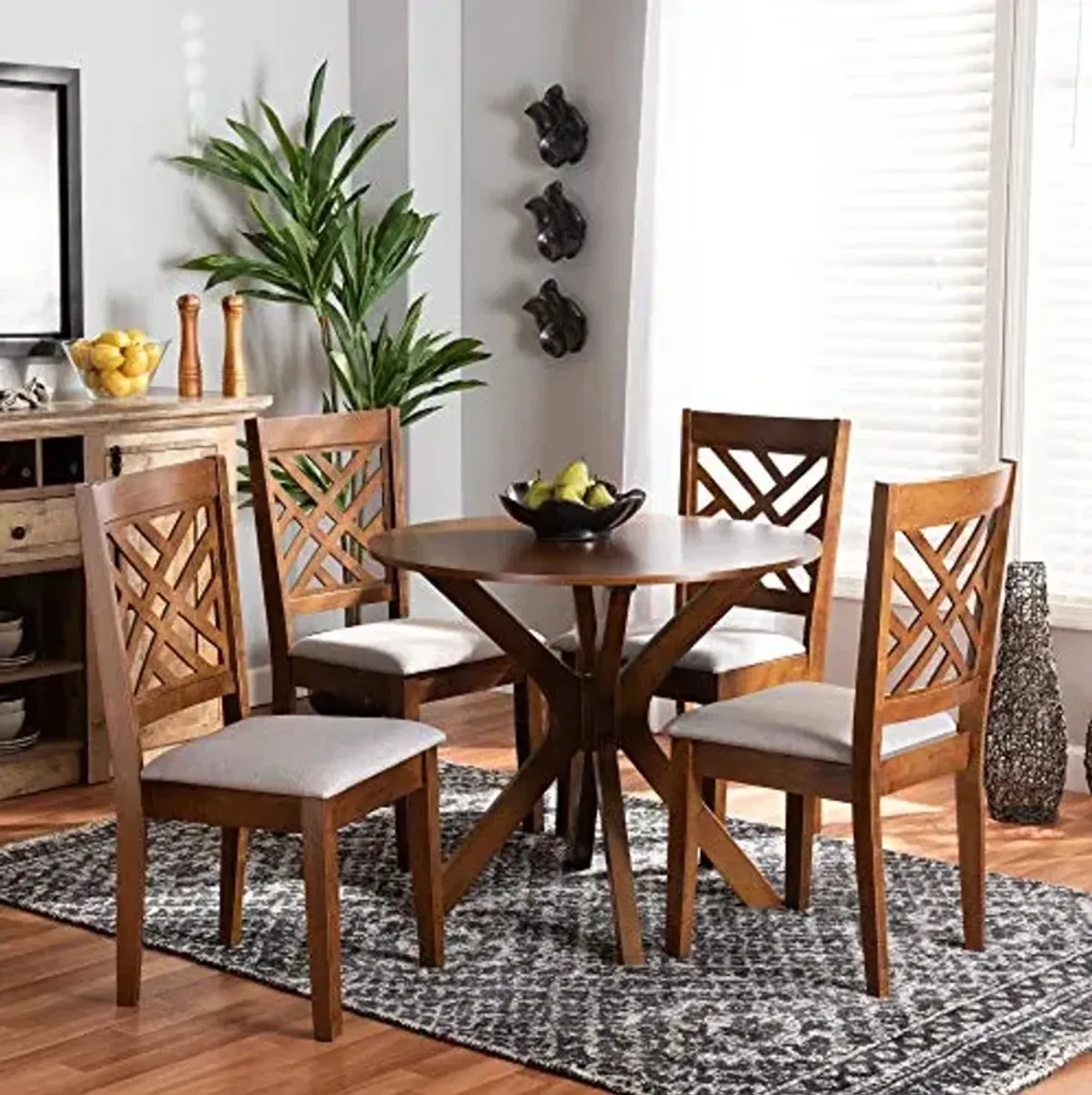 Baxton Studio Norah Modern and Contemporary Grey Fabric Upholstered and Walnut Brown Finished Wood 5-Piece Dining Set