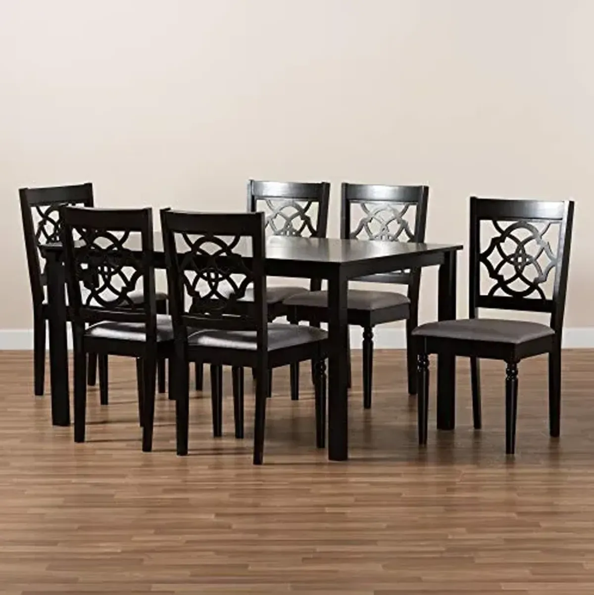 Baxton Studio Renaud 7-Piece Dining Set - Grey Fabric Upholstered, Dark Brown Wood