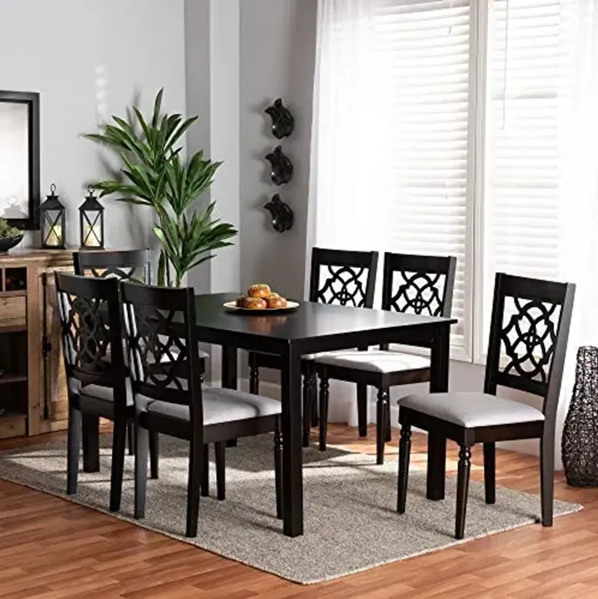 Baxton Studio Renaud 7-Piece Dining Set - Grey Fabric Upholstered, Dark Brown Wood