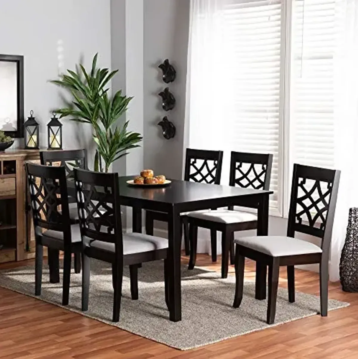 Baxton Studio Mael Dining Set and Dining Set Grey Fabric Upholstered and Dark Brown Finished Wood 7-Piece Dining Set