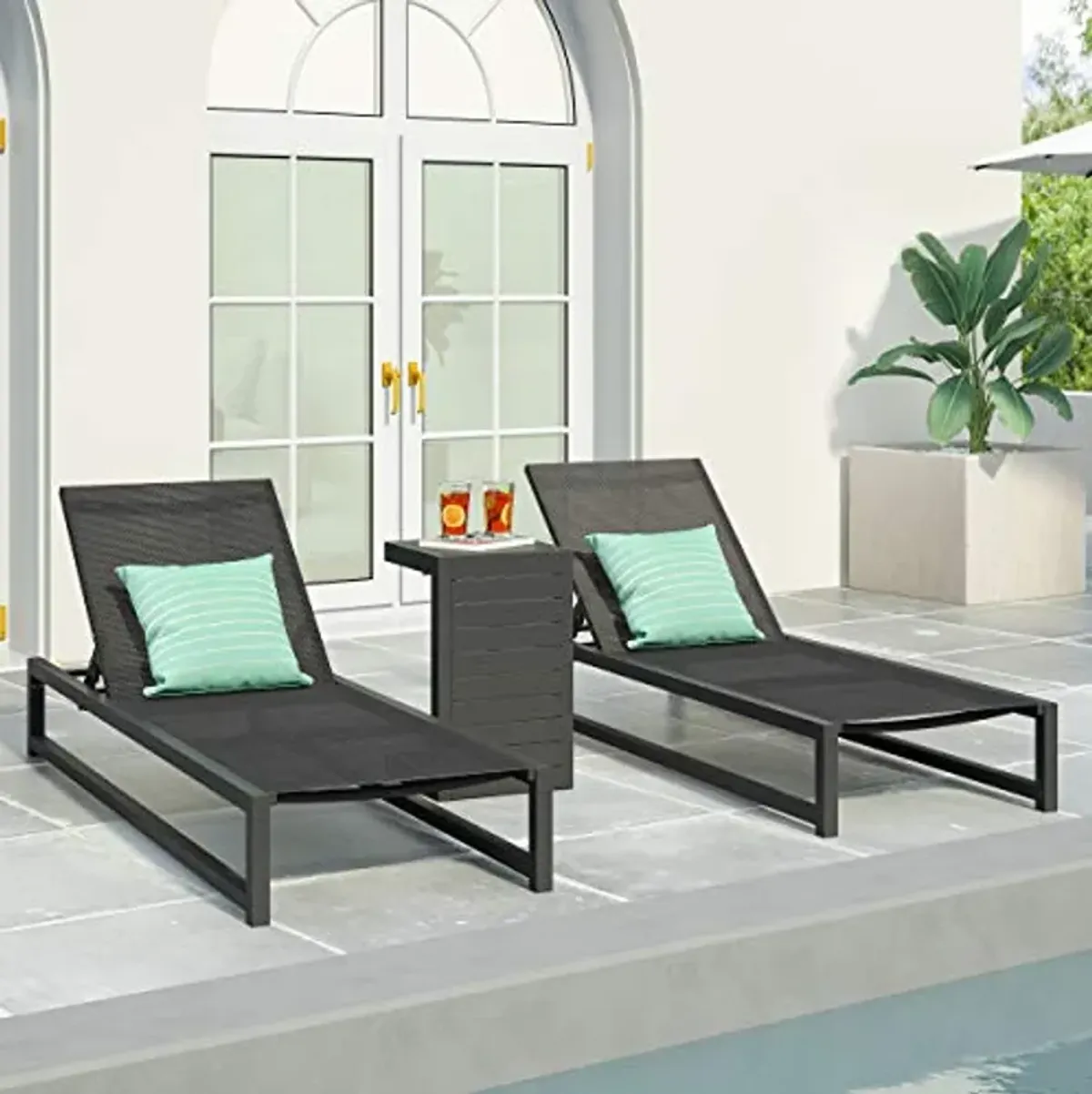 Vivian Outdoor Aluminum Chaise Lounge Set with C-Shaped End Table, Black