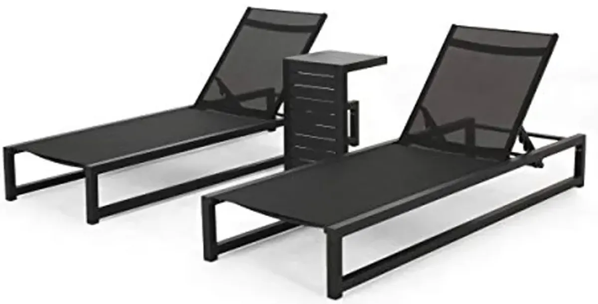 Vivian Outdoor Aluminum Chaise Lounge Set with C-Shaped End Table, Black