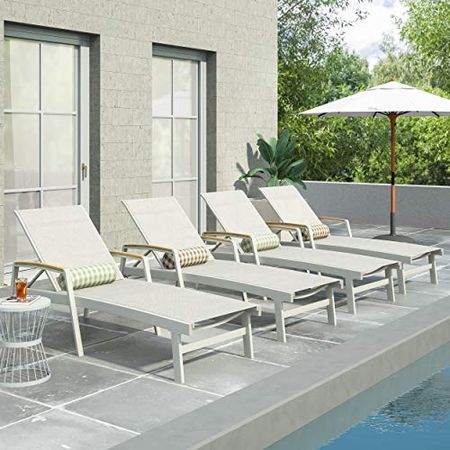 Teresa Outdoor Aluminum Chaise Lounge with Mesh Seating (Set of 4), White