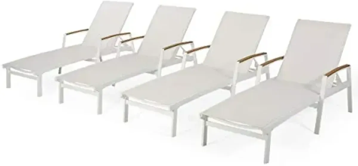 Teresa Outdoor Aluminum Chaise Lounge with Mesh Seating (Set of 4), White