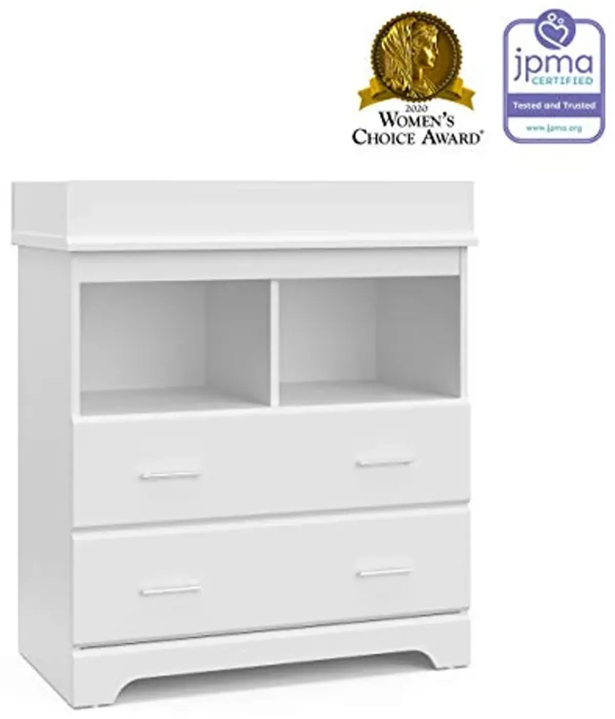 Storkcraft Brookside 2 Drawer Changing Table Dresser (White) – GREENGUARD Gold Certified, Easy-to-Match Chest of Drawers and Cubbies for Nursery and Kids Bedroom, Includes Changing Table Topper