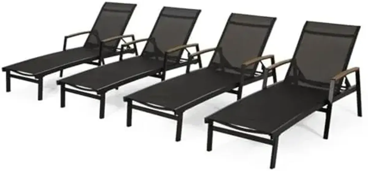Teresa Outdoor Aluminum Chaise Lounge with Mesh Seating (Set of 4), Black