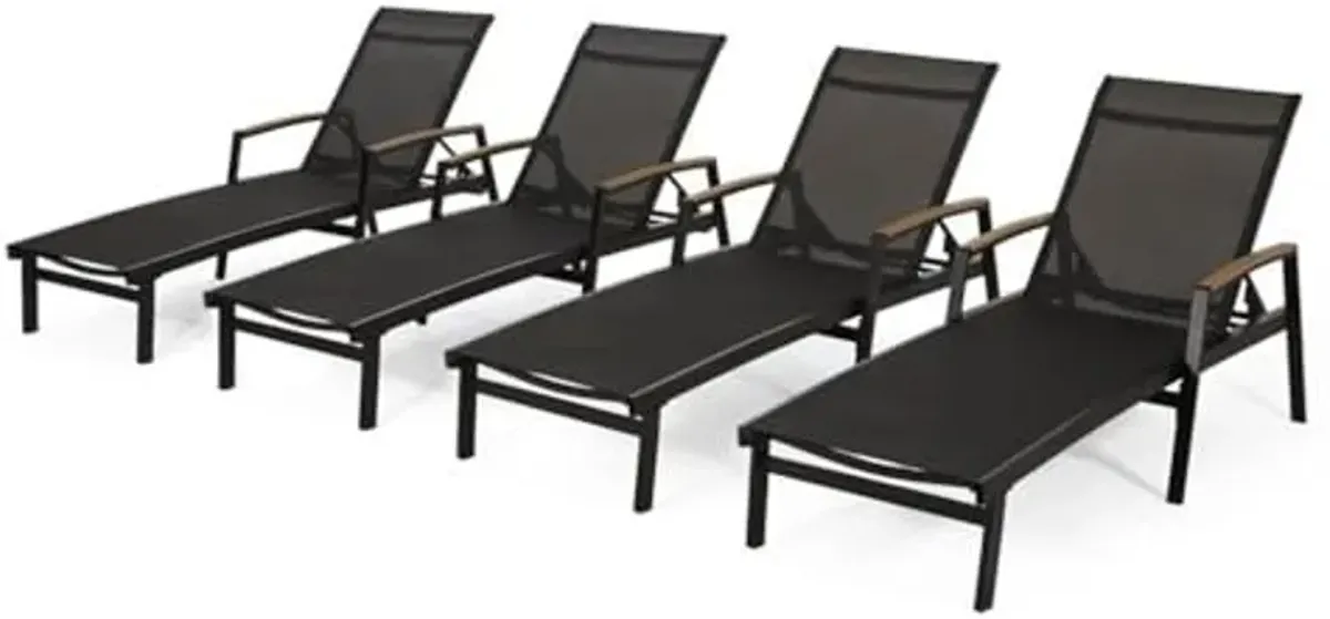 Teresa Outdoor Aluminum Chaise Lounge with Mesh Seating (Set of 4), Black