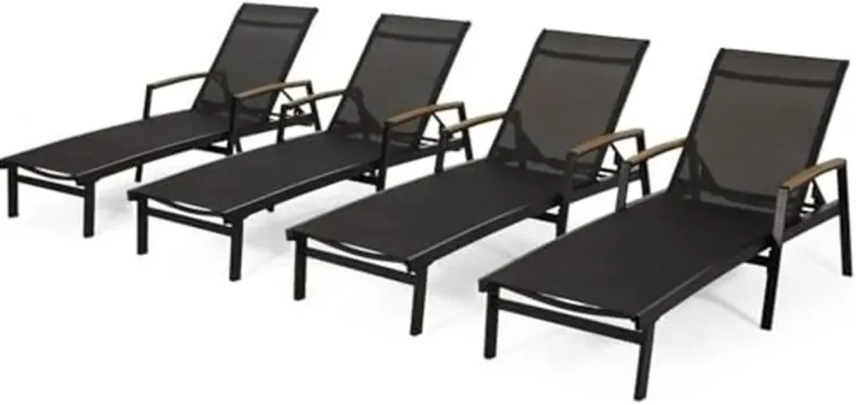 Teresa Outdoor Aluminum Chaise Lounge with Mesh Seating (Set of 4), Black