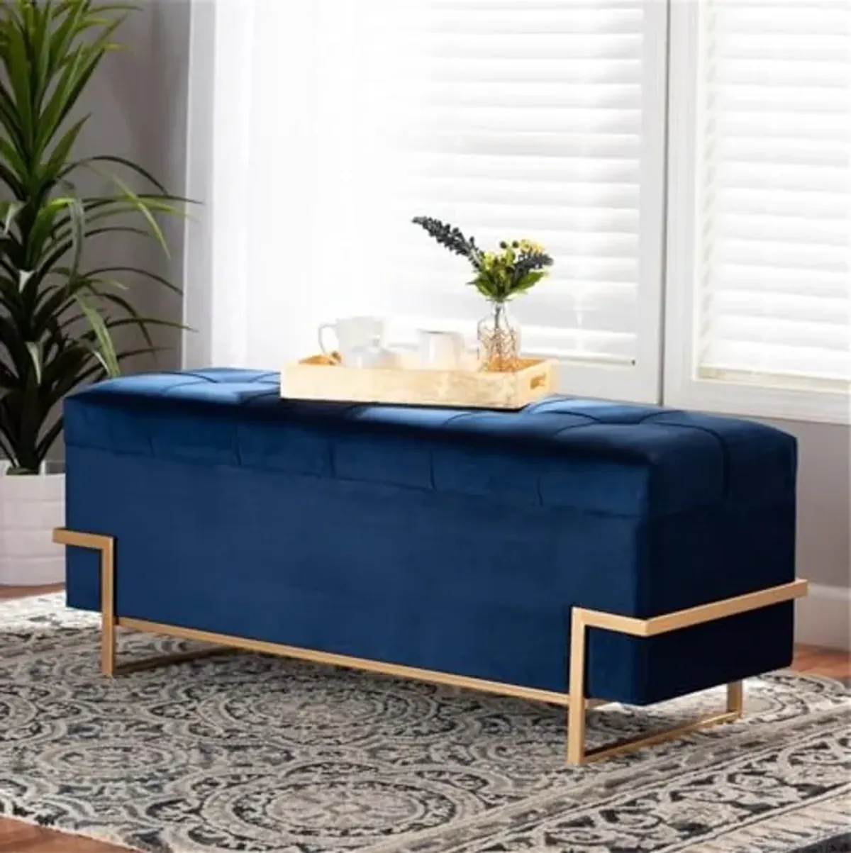 Baxton Studio Parker Glam and Luxe Navy Blue Velvet Upholstered and Gold Metal Finished Storage Ottoman