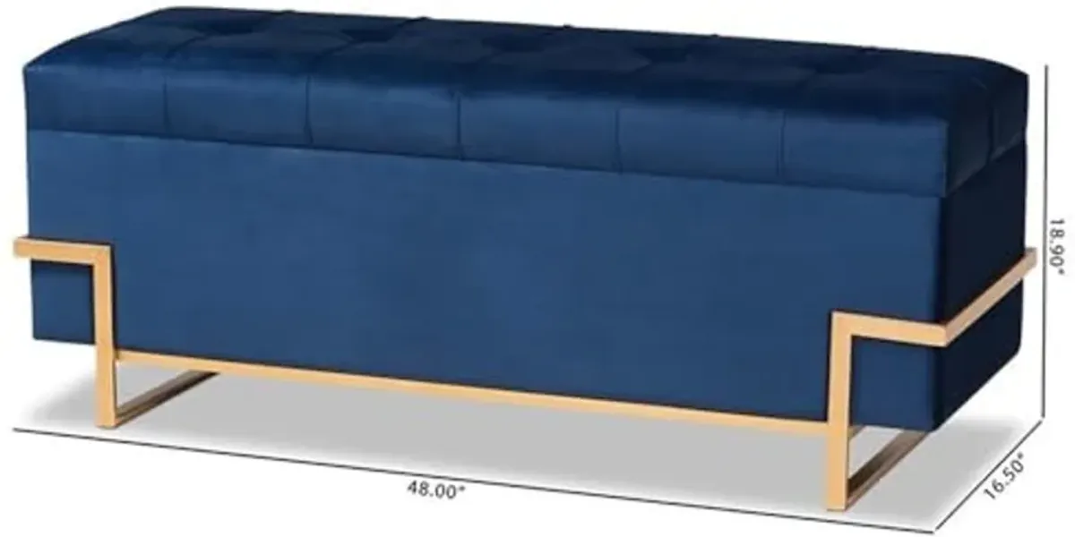 Baxton Studio Parker Glam and Luxe Navy Blue Velvet Upholstered and Gold Metal Finished Storage Ottoman