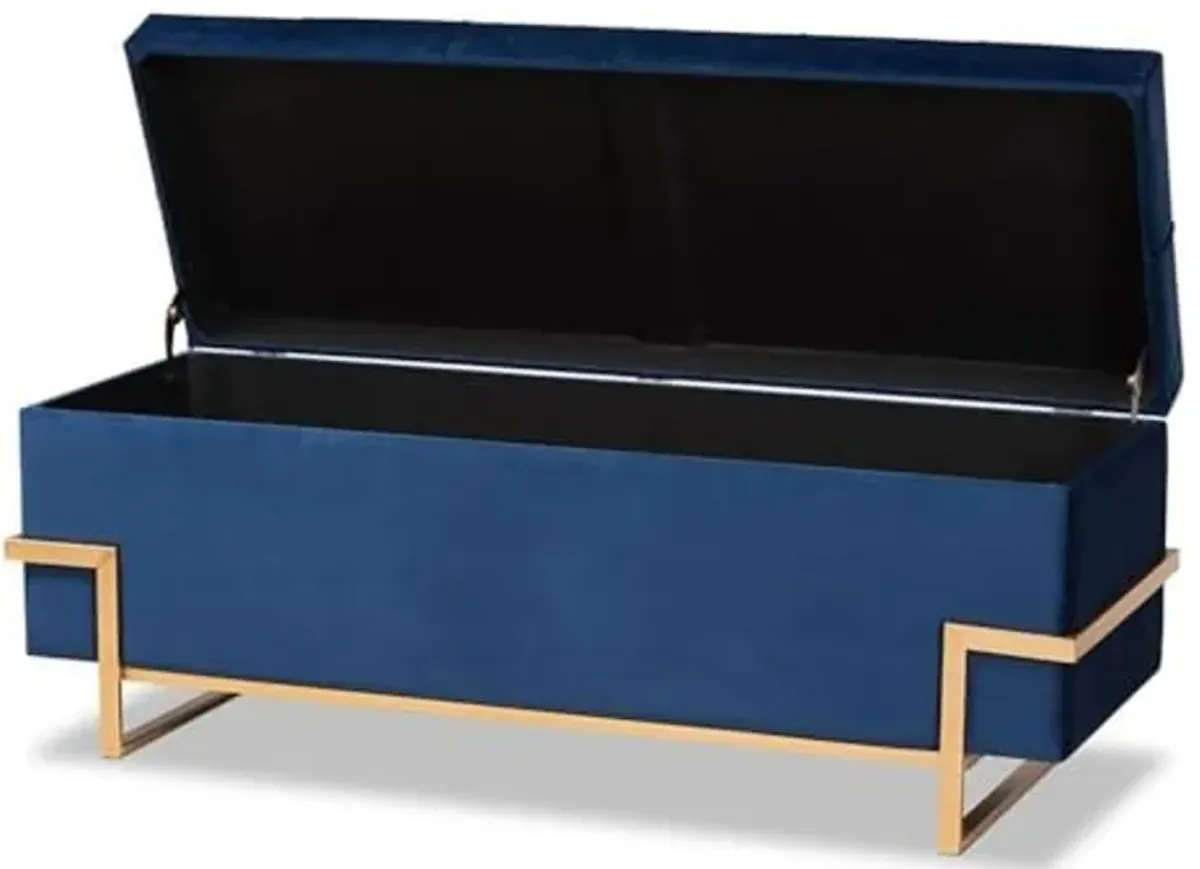 Baxton Studio Parker Glam and Luxe Navy Blue Velvet Upholstered and Gold Metal Finished Storage Ottoman