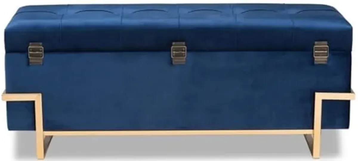 Baxton Studio Parker Glam and Luxe Navy Blue Velvet Upholstered and Gold Metal Finished Storage Ottoman