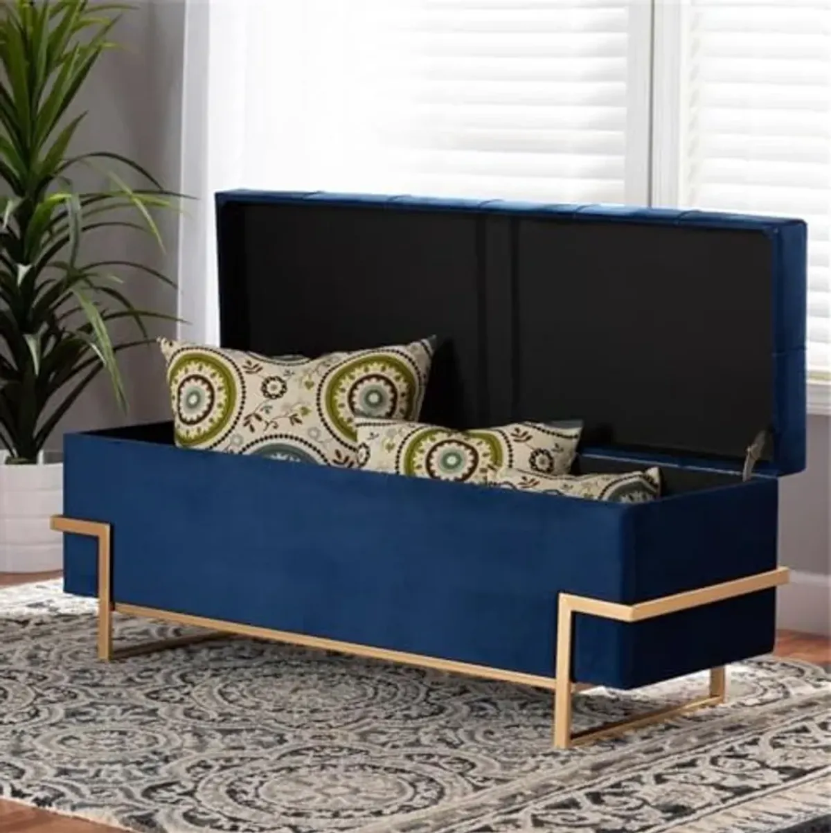 Baxton Studio Parker Glam and Luxe Navy Blue Velvet Upholstered and Gold Metal Finished Storage Ottoman