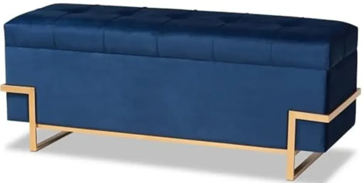 Baxton Studio Parker Glam and Luxe Navy Blue Velvet Upholstered and Gold Metal Finished Storage Ottoman