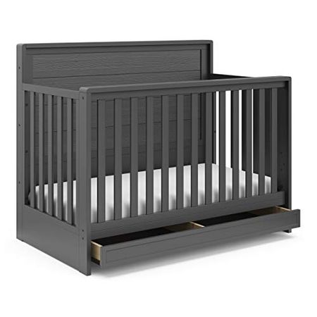 Storkcraft Luna 5-in-1 Convertible Crib with Drawer (Gray) – GREENGUARD Gold Certified, Crib with Drawer Combo, Full-Size Nursery Storage Drawer, Converts to Toddler Bed, Daybed and Full-Size Bed