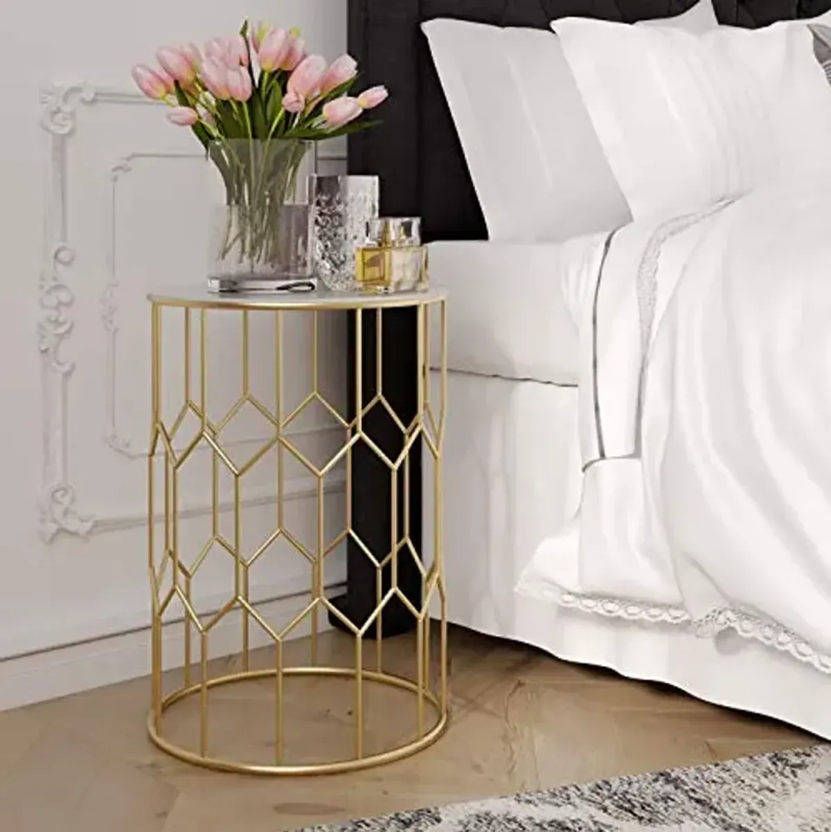 Serta Harper Accent Side Table with Stylish Gold Frame, Round 16" Glass Top, Brushed MetalBase, Modern Metal SideTable or EndTable for Living Room, BedsideTable in Bedroom, Fully Assembled