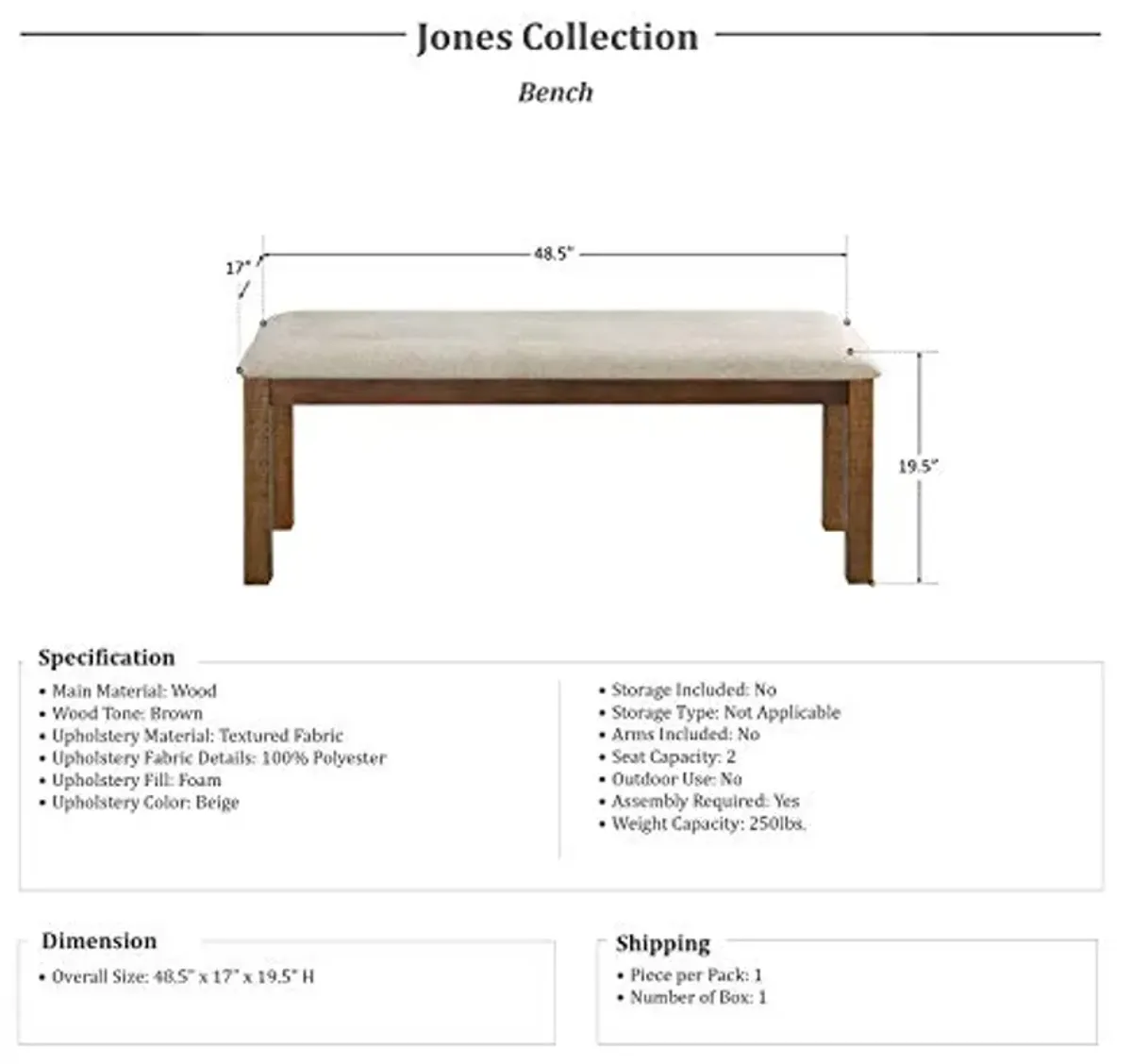 Lexicon Jones Dining Bench, Brown