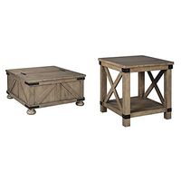 Signature Design by Ashley Aldwin Farmhouse Square Coffee Table with Lift Top for Storage, Light Brown & Aldwin Farmhouse Square End Table with Crossbuk Details, Light Brown