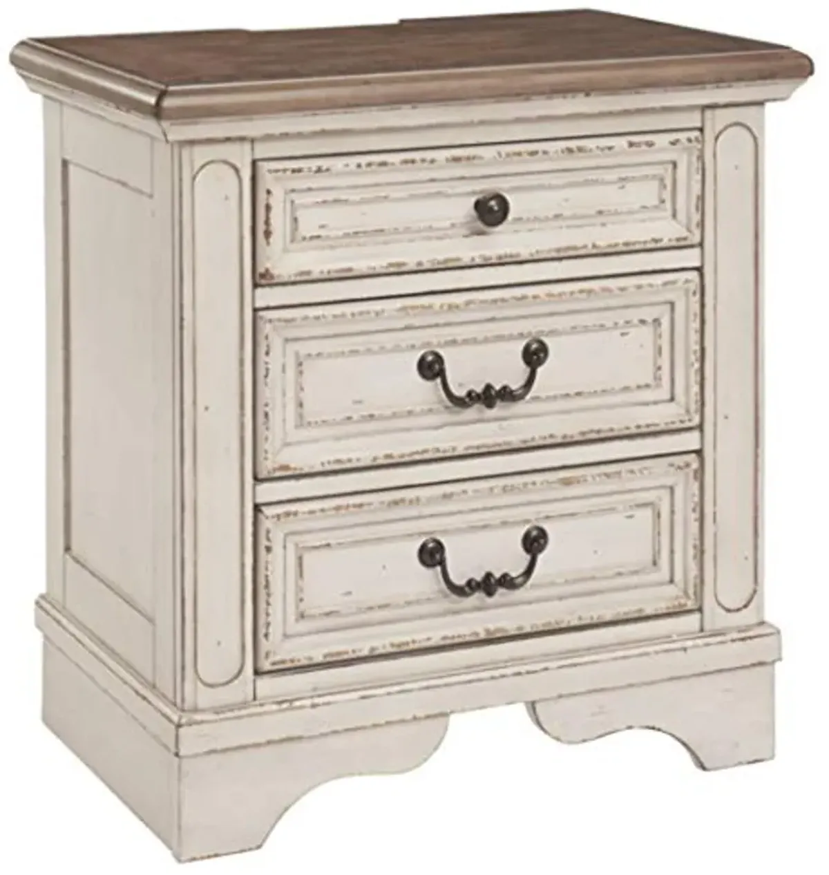 Signature Design by Ashley Realyn French Country 7 Drawer Two Tone Dresser (Chipped White) and 3 Drawer Nightstand with Electrical Outlets & USB Ports (Chipped White)