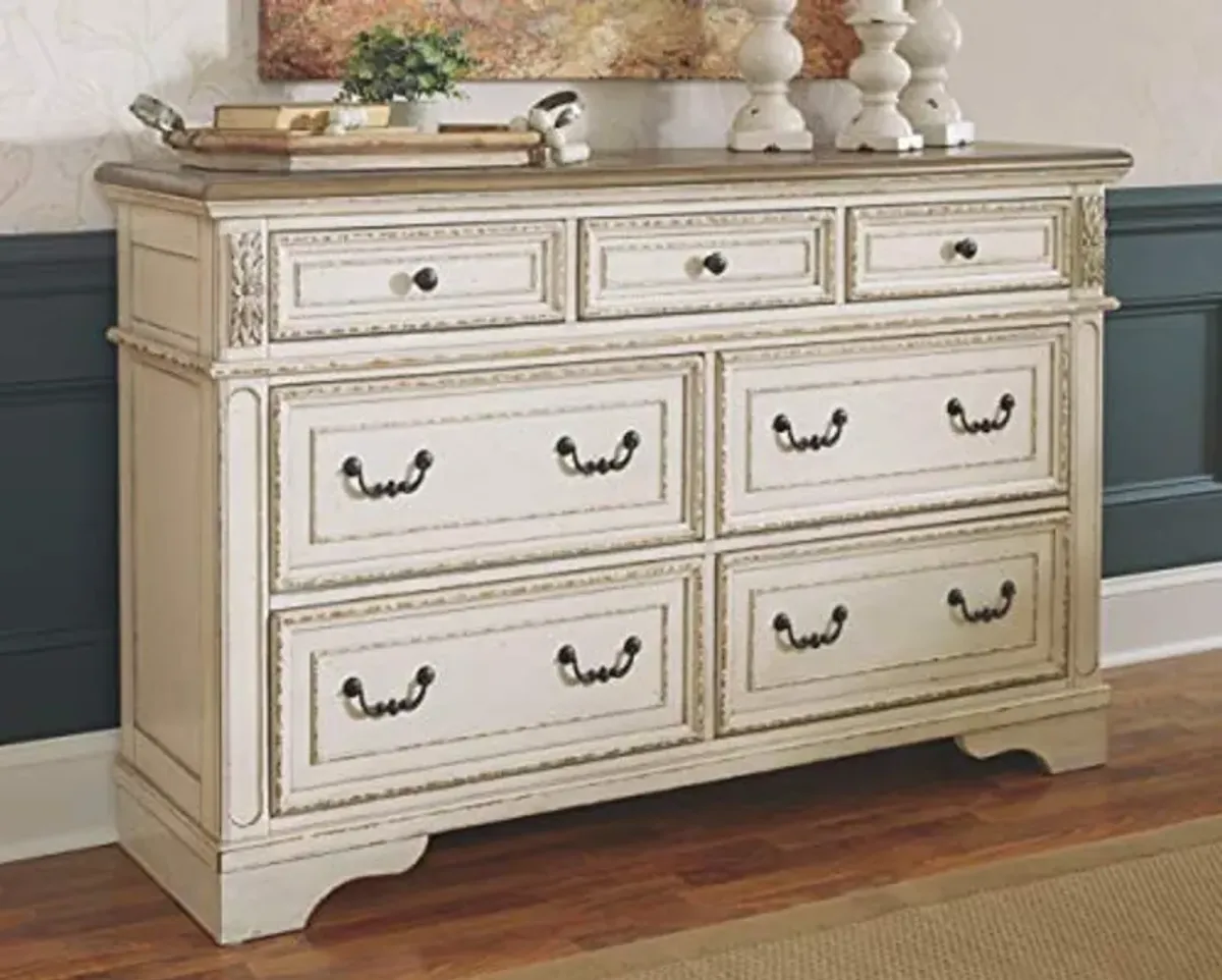 Signature Design by Ashley Realyn French Country 7 Drawer Two Tone Dresser (Chipped White) and 3 Drawer Nightstand with Electrical Outlets & USB Ports (Chipped White)