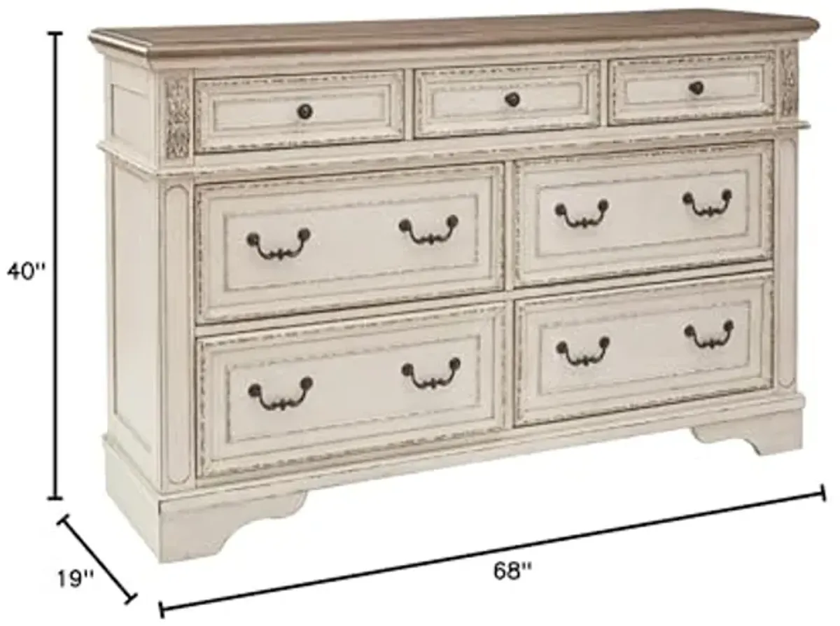 Signature Design by Ashley Realyn French Country 7 Drawer Two Tone Dresser (Chipped White) and 3 Drawer Nightstand with Electrical Outlets & USB Ports (Chipped White)