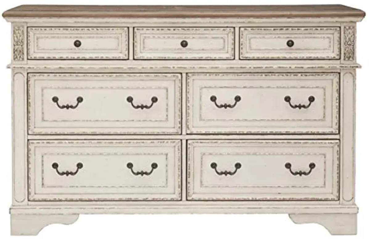 Signature Design by Ashley Realyn French Country 7 Drawer Two Tone Dresser (Chipped White) and 3 Drawer Nightstand with Electrical Outlets & USB Ports (Chipped White)