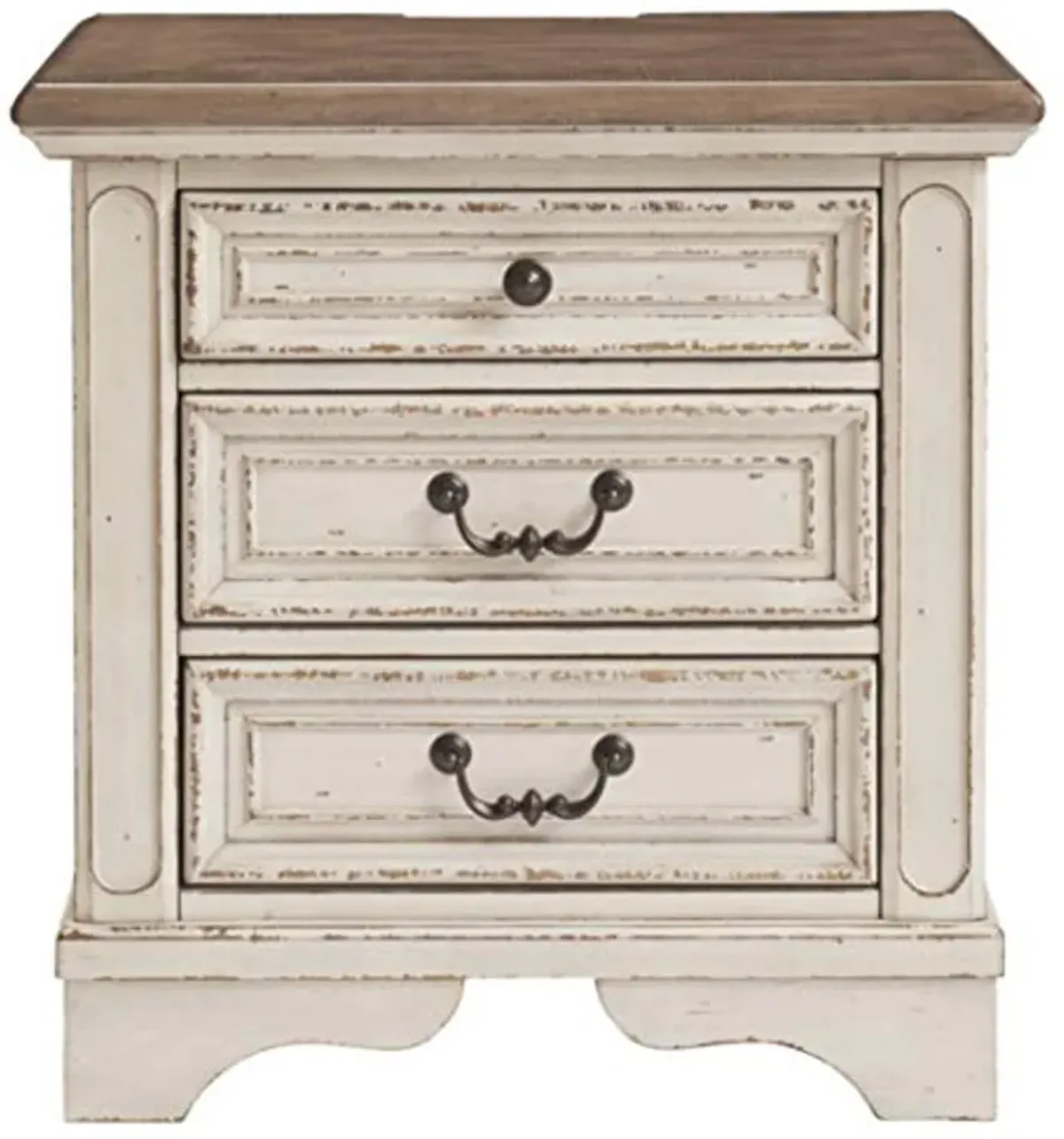 Signature Design by Ashley Realyn French Country 7 Drawer Two Tone Dresser (Chipped White) and 3 Drawer Nightstand with Electrical Outlets & USB Ports (Chipped White)