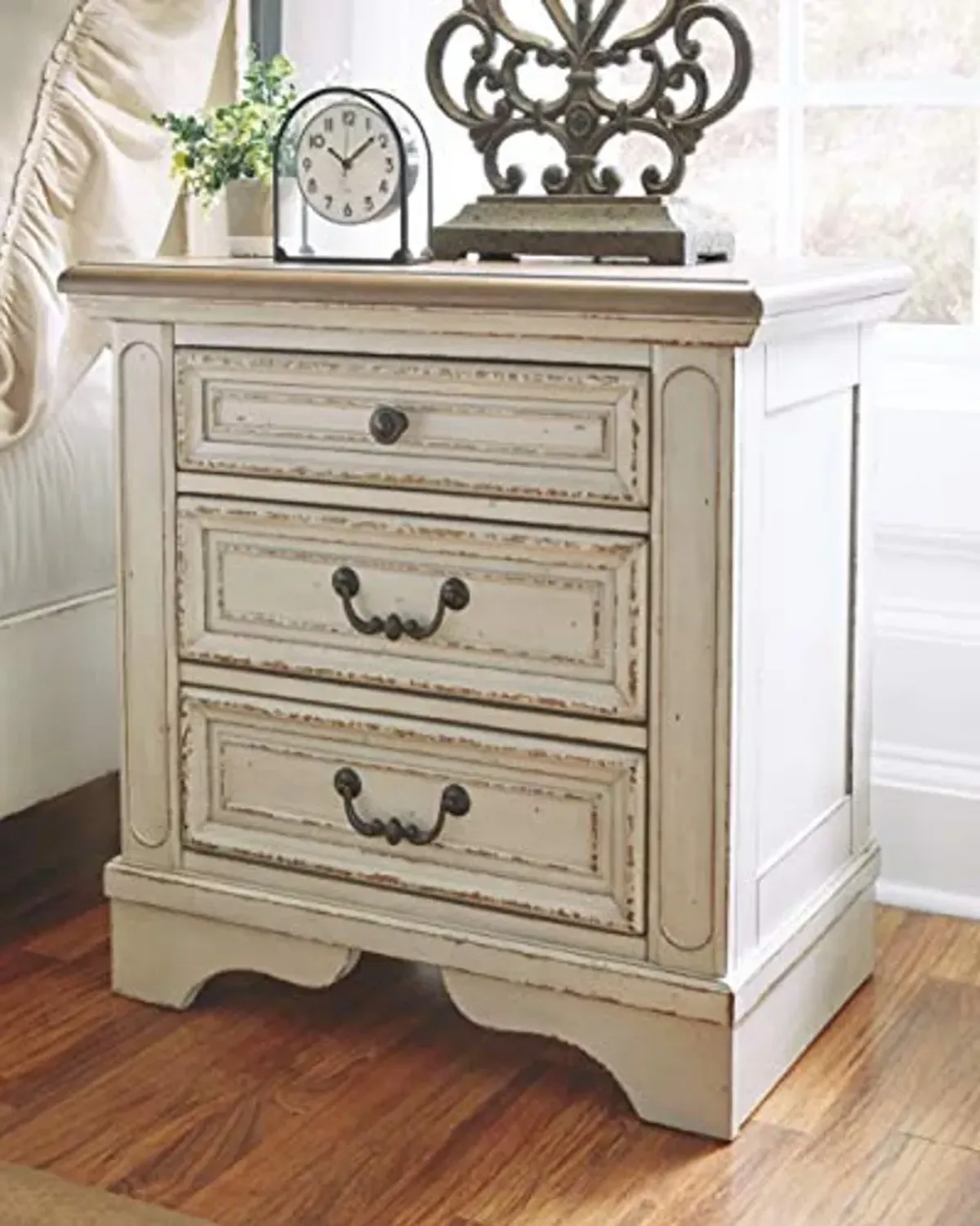 Signature Design by Ashley Realyn French Country 7 Drawer Two Tone Dresser (Chipped White) and 3 Drawer Nightstand with Electrical Outlets & USB Ports (Chipped White)