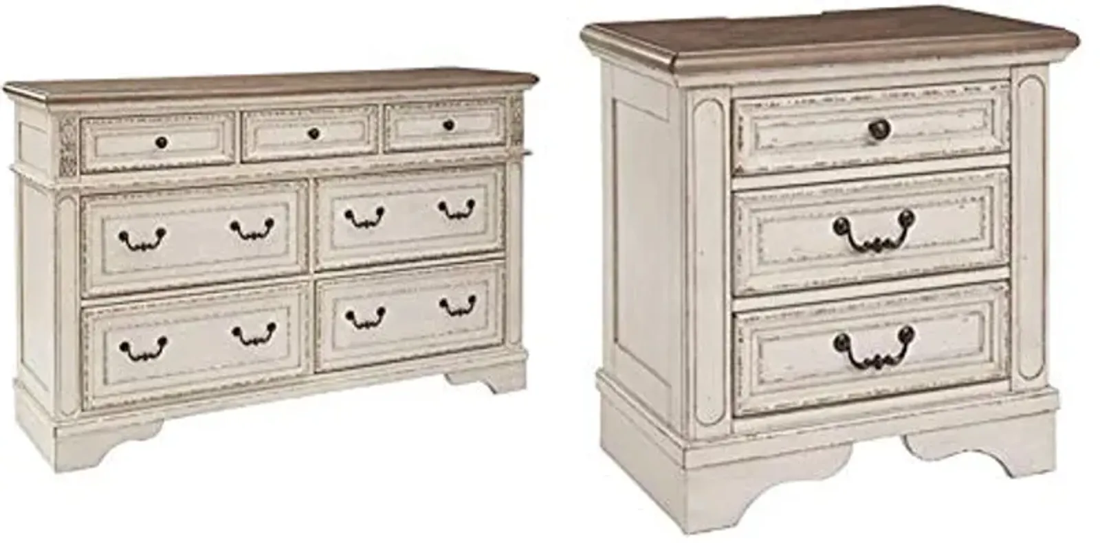 Signature Design by Ashley Realyn French Country 7 Drawer Two Tone Dresser (Chipped White) and 3 Drawer Nightstand with Electrical Outlets & USB Ports (Chipped White)